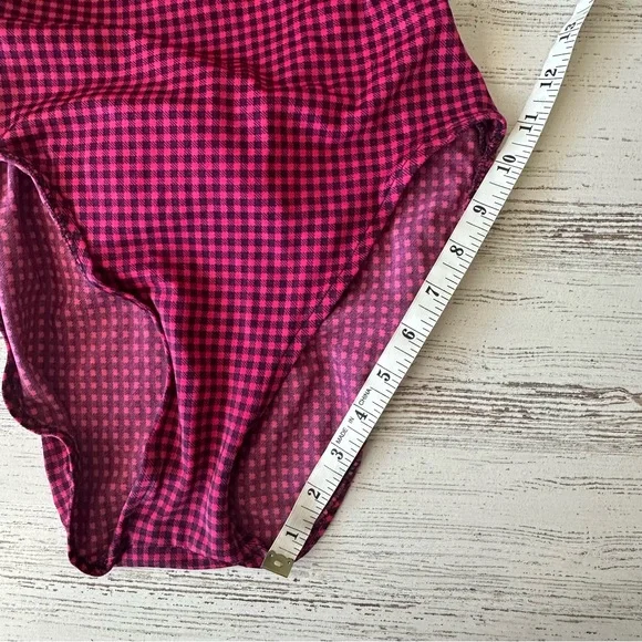 VINTAGE 80s Gingham High Cut Bow One Piece Swimsuit Dunkis of New York Hot Pink - Picture 12 of 14